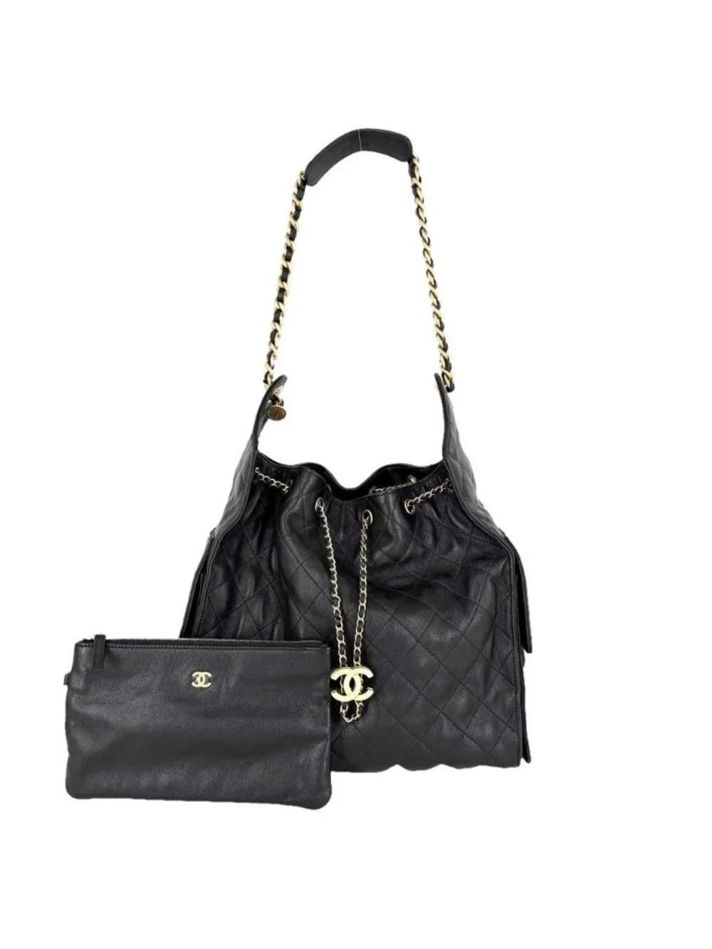 Chanel Handbag Quilted 25 Shoulder Bag CC Logo Caviar Leather Black Gold Vintage